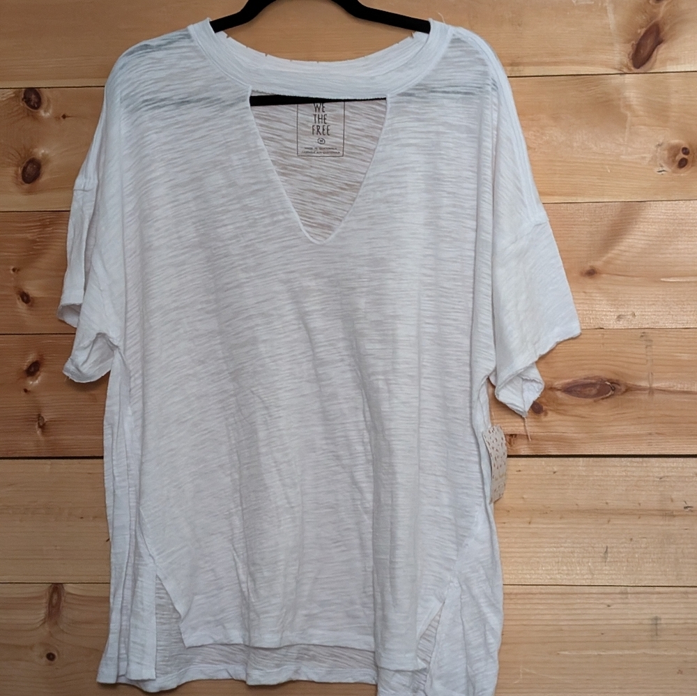 Free People Soft White Short Sleeve Tee...With Border Neckline..Nwt